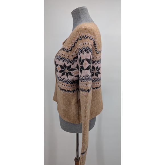 Gorpcore Cozy Chunky Outdoors Tan Pink Black Fair Isle Snowflake S Sweater NWT - Picture 6 of 13
